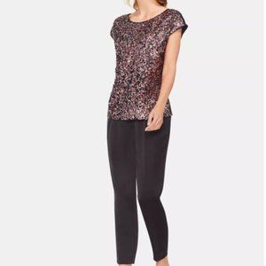 NWT Vince Camuto Extend Shoulder Multi-Sequin Mesh Mix Media Blouse Sweet Coral